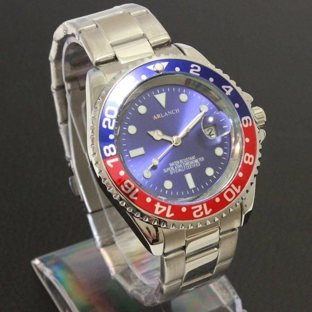 Men's Diver Style Watch Pepsi Bezel Stainless Bracelet 40mm